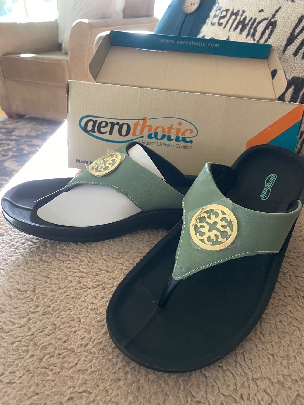 Aerothotic Women's Green Thong Sandals with Gold Accent